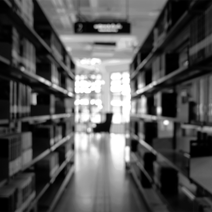 Foto em preto e branco mostra prateleiras cheias de arquivos para pesquisas