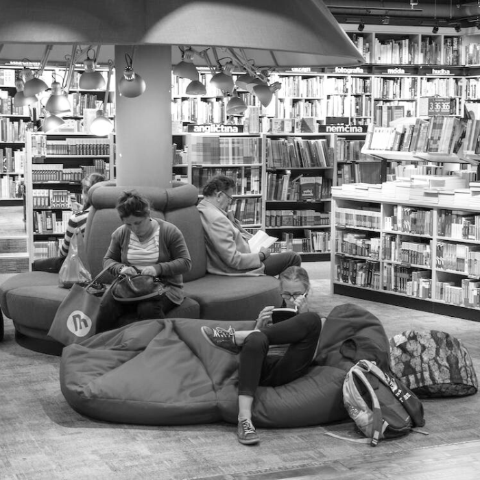 Foto mostra leitura em biblioteca